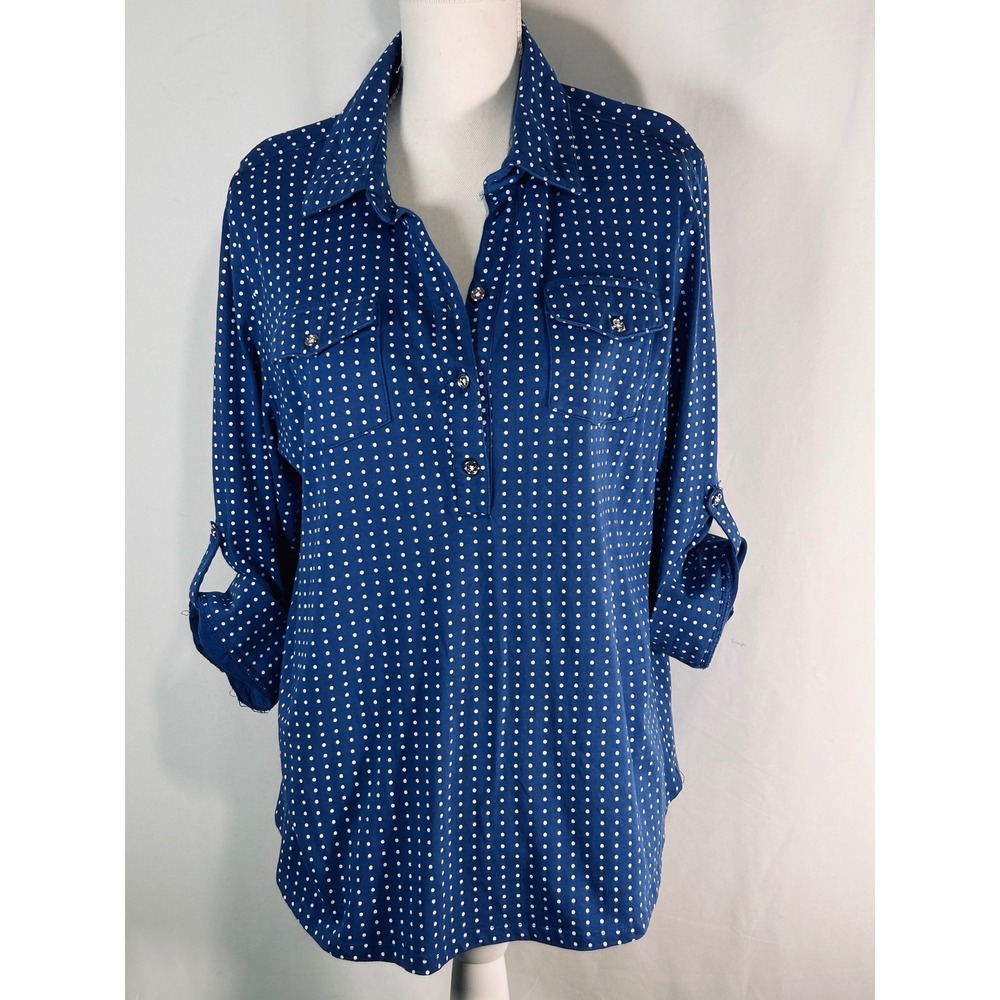Sara Morgan Blue Polka Dot Henley Blouse Roll Tab Sleeve‎ Large BYR
